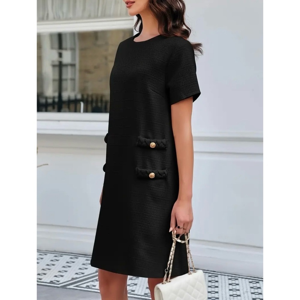 LAST 1! Tweed Black Fully Lined Hidden Zip Faux Pocket Gold Lion Buttons Dress! - Picture 3 of 7